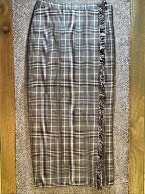 Plaid Pencil Skirt with Side Fringe in Black, White & Red